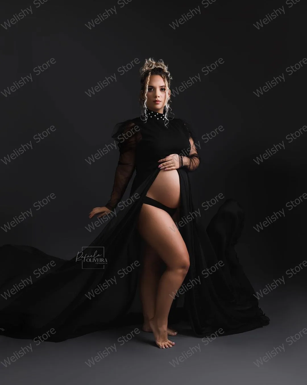 2022 Elegant Black High Neck Front High Split Maternity Women Dress A-Line Long Sleeve Photo Shoot Party Tulle Dresses Plus Size