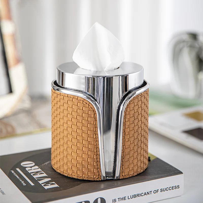 Modern Stainless Steel Leather Buyer Paper Box Home Ornaments Dining Coffee Table Decor Cylindrical Vertical Rolls Tissue Box