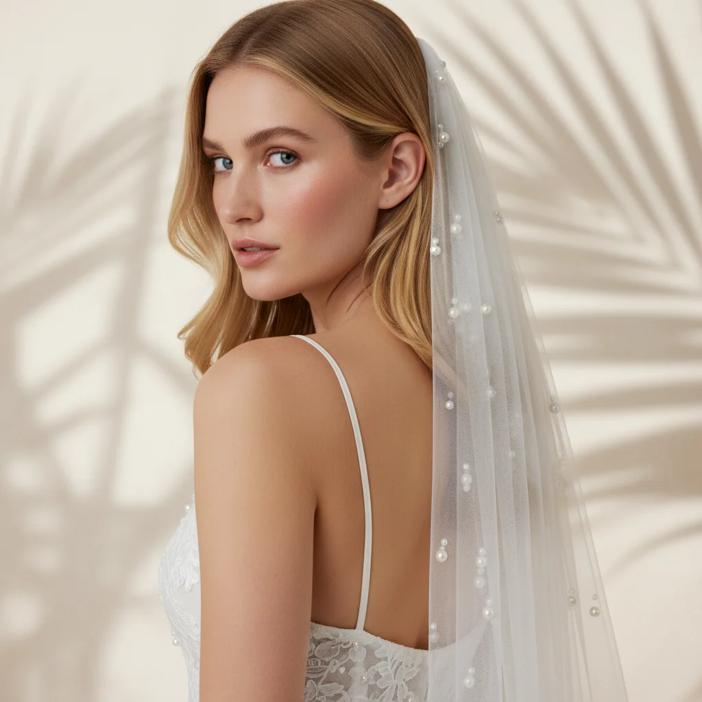 

Свадебная фата с жемчужными бусинами и необработанным краем, однослойная, элегантная, романтичная, для церемонии в церкви G100