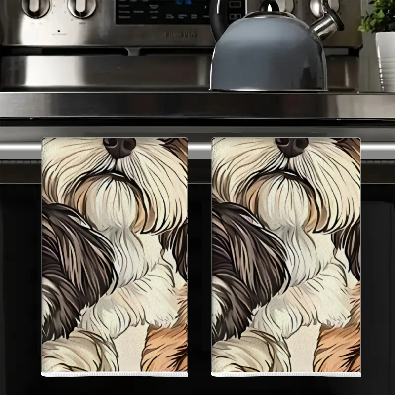 2Pcs, Shih Tzu Kitchen Towels, 40Cm*60Cm Towel Set, Super Absorbent Soft Cleaning Cloth, Cooking and Baking Tea Towel, Hand Towel, Cleaning Cloth, Dishcloth, Kitchen Decoration, Living Room Decoration, Kitchen Essentials, Home Essentials