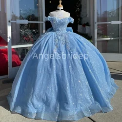 Angelsbridep Blingbling Tulle 3D Flora Sky Blue Ball Gown 15 Quinceanera Dresses Brithday Prom Party Vestidos De Fiesta