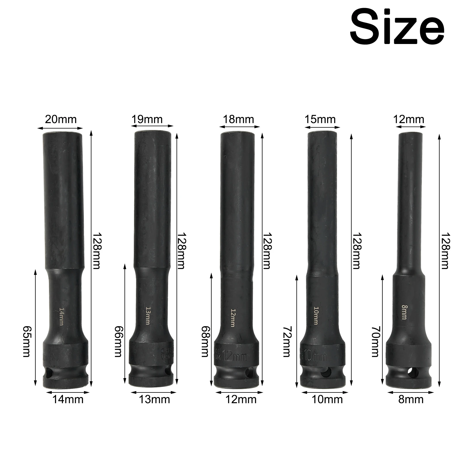 5PCS 1/2 Inch Drive Deep -Impact Socket Extra Deep Bolt Nut Driver Bit 8-14mm Socket Adapter Spanner Converter