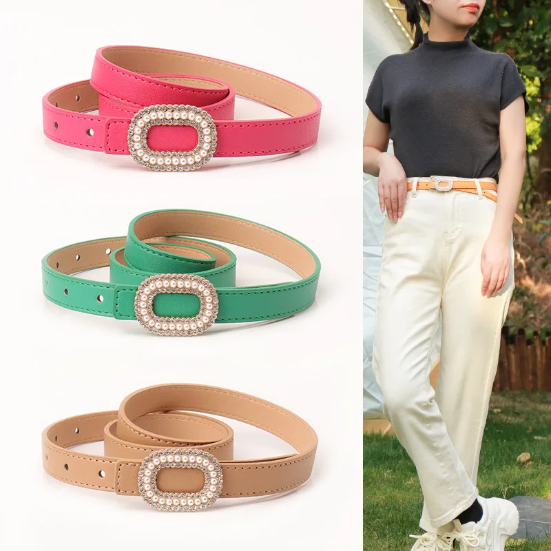 Fashionable Light Luxury High-end Pearl Buckle Belts for Woman 1.8x103cm Solid Color PU Versatile Belts Woman Skirt/Jeans Belts