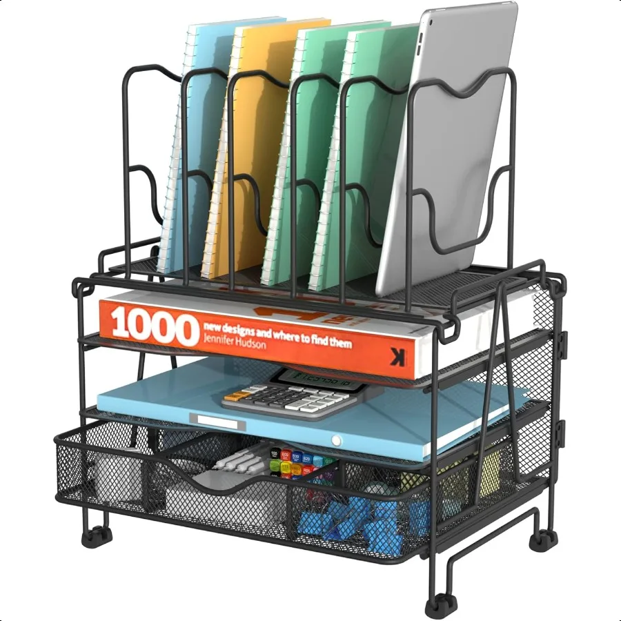 

Mesh Desk Organizer 3in1 Desktop Organizer with 3 Tier Tray and 5 Upright Sections File Organizer for Desk with Sliding Drawer