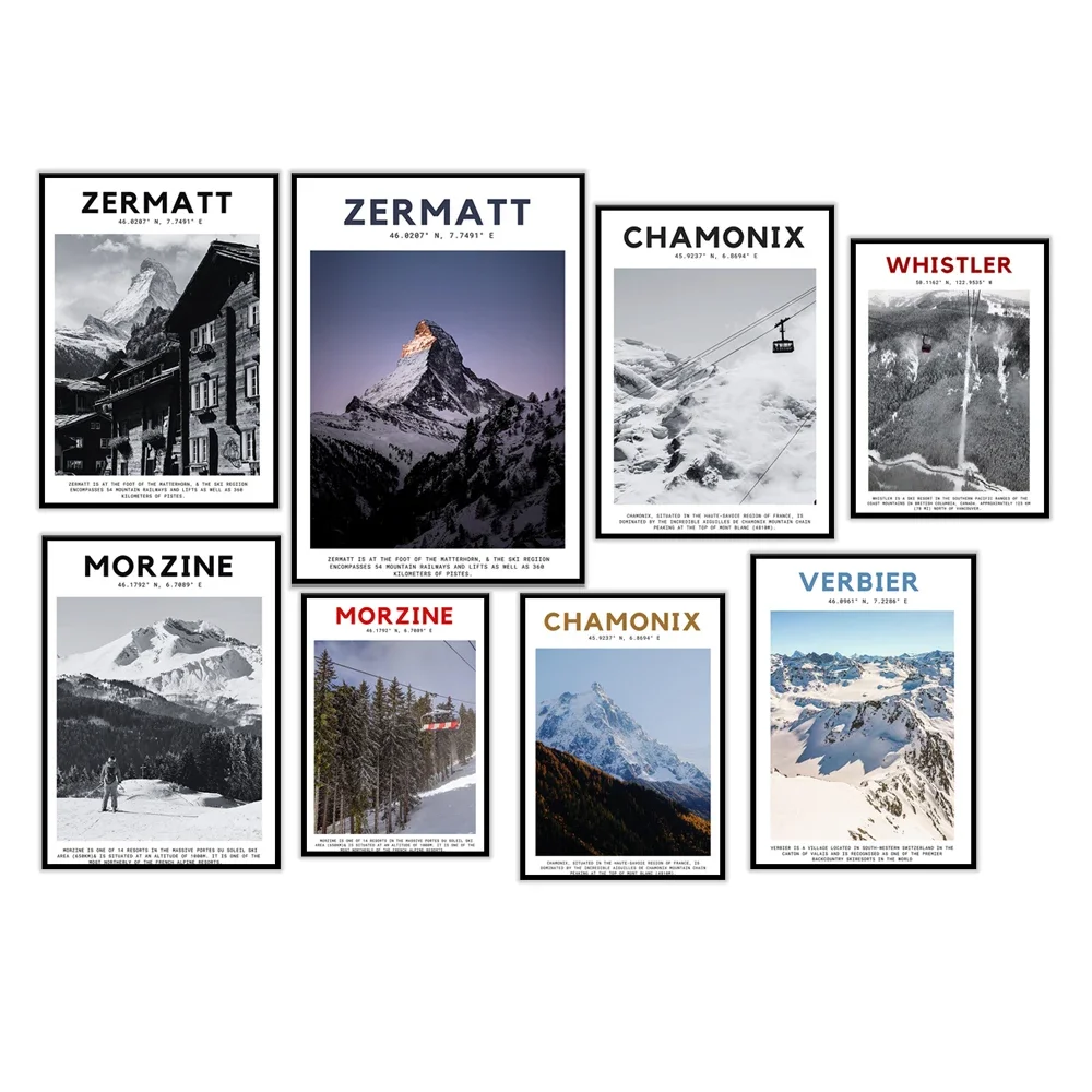 Zermatt, Morzine, Chamonix Minimalism-Art of Chamonix, a gift for skiers in Erbes, a gift for climbers travel poster