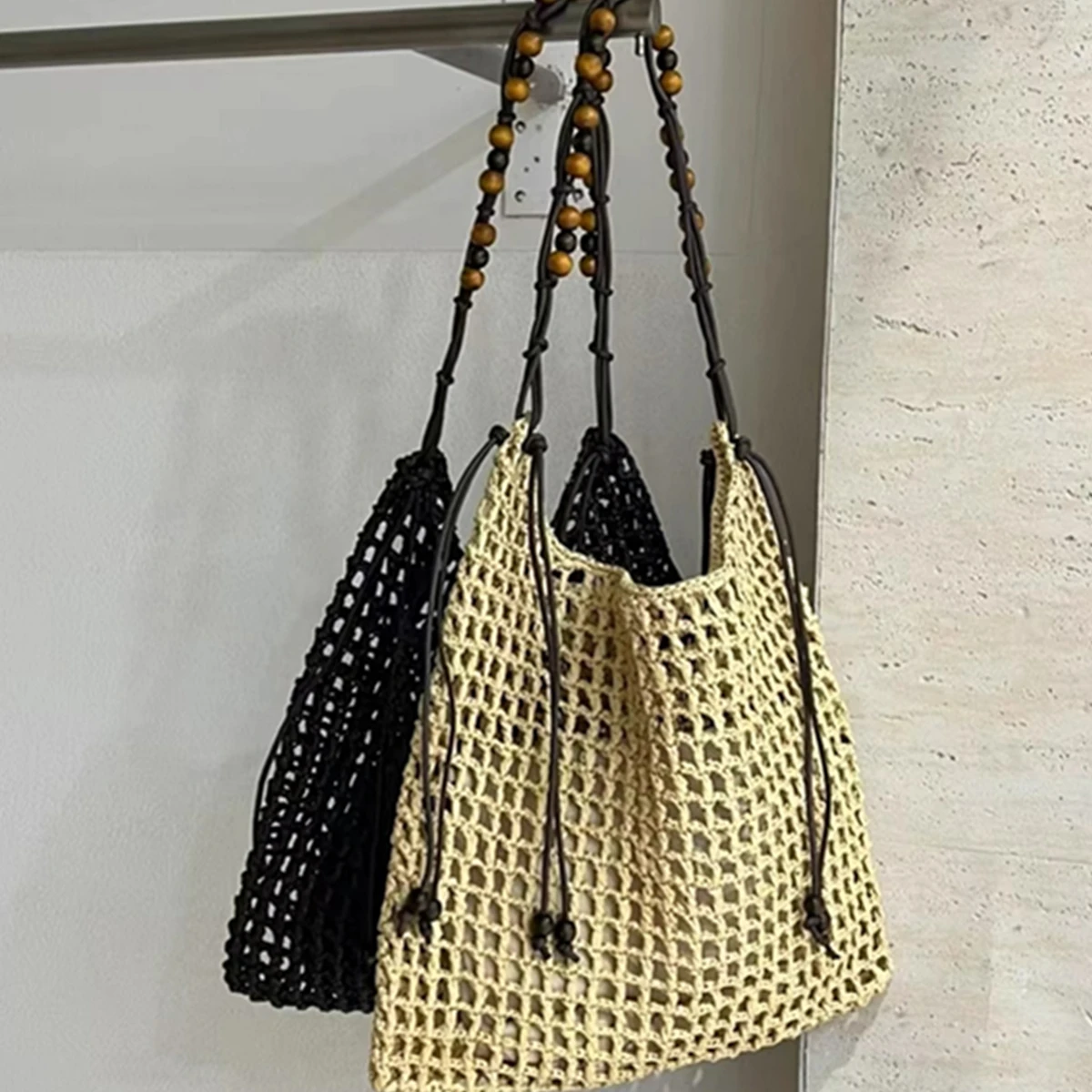 

Dave&Di Minimalist Bohemian Beads Hollow Straw Bag Large Capacity Shoulder Tote Bag Hand-woven Bag Holiday Beach Bag Women