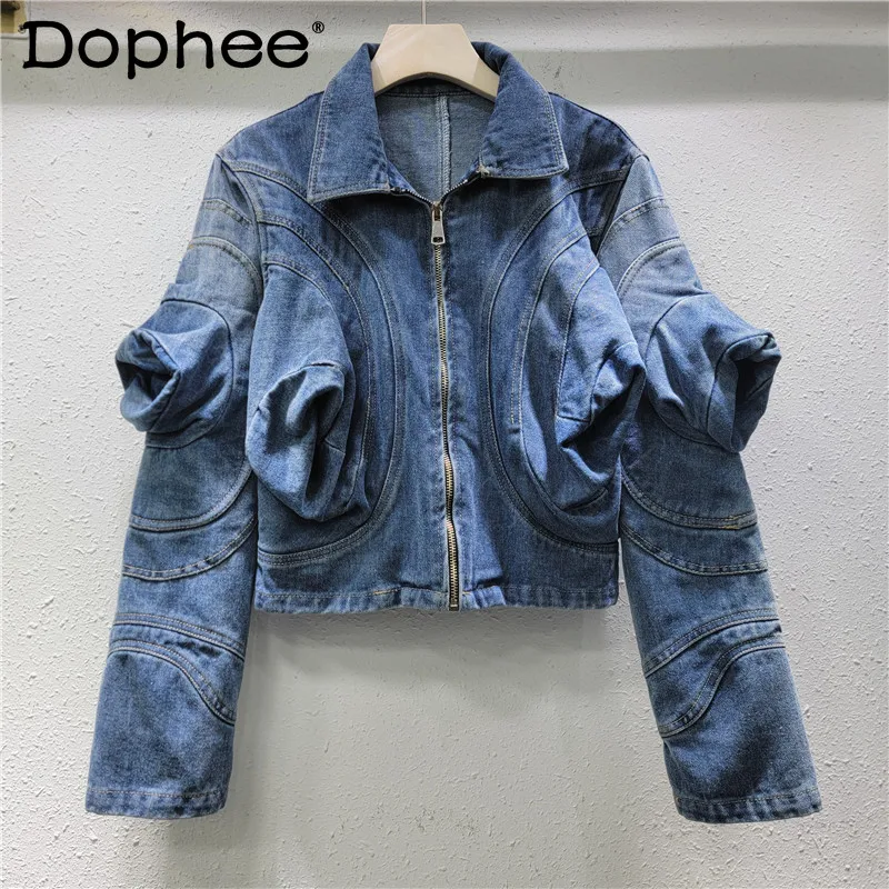 

Denim Jacket Women Fall Street Hipster Lapel Three-Dimensional Puff Sleeve Profile Long Sleeve Future Style Denim Coat Female