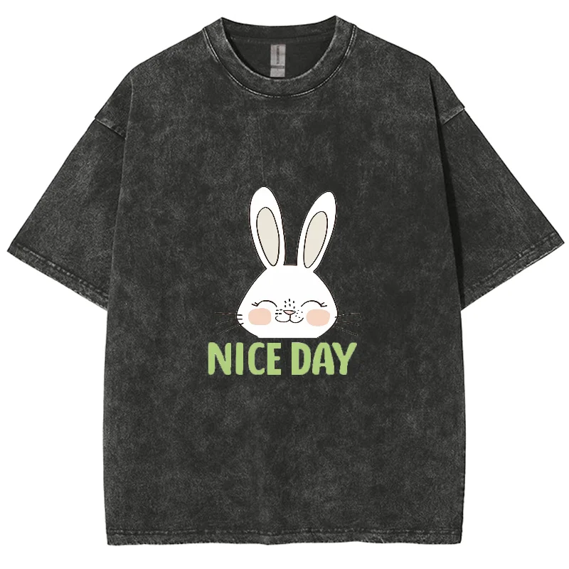 

Cartoon Cute White Rabbit Print Women's T-Shirt Pure Cotton Comfortable Washed Fabric Distressed Short Sleeve American Retro Top