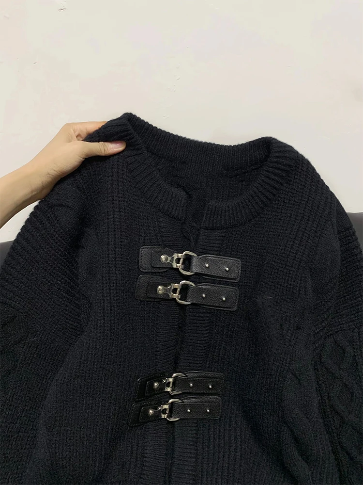 Women Black Gothic Cardigan Knitted Sweater Harajuku Korean 90s Y2k Long Sleeves Jumper Sweaters Vintage Emo 2000s Clothes 2023