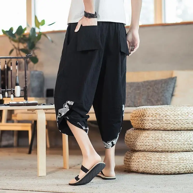 

Летние мужские пляжные брюки из хлопка и льна в китайском стиле Harlen, широкие шаровары