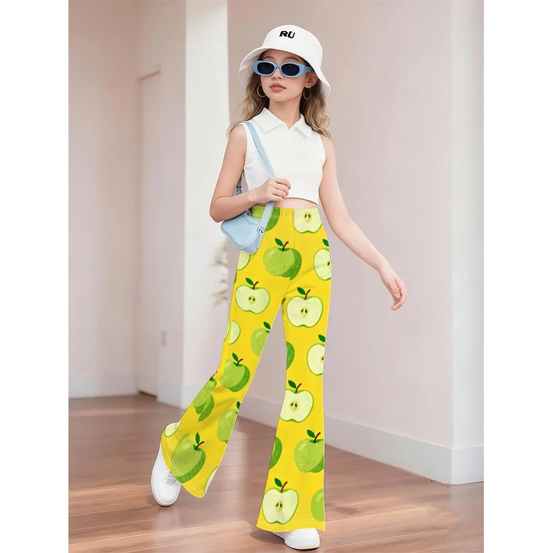 Girls All Over Print Flare Pants Stretchy Bell Bottom Leggings Elastic Waist Pants for Tween Teens Back to School Outfit