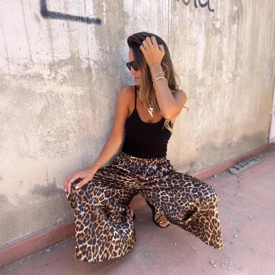 2025 High Waisted Leopard Print Fashionable Printed Pants For Summer, Loose And Casual Wide Leg Pants For Women