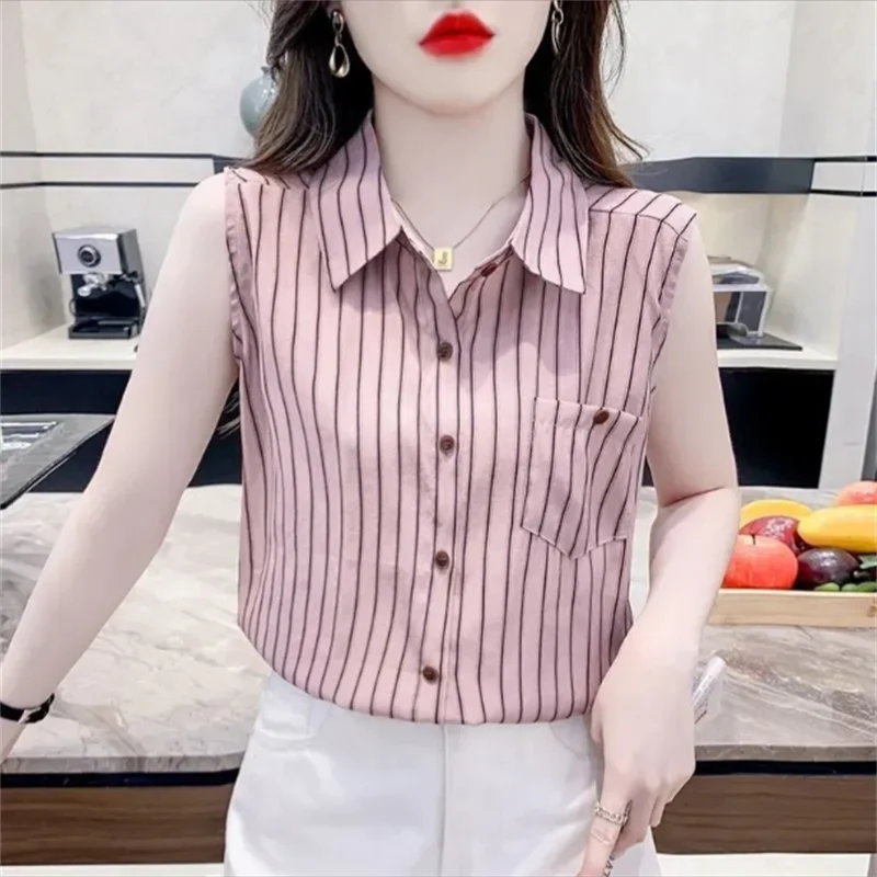

Striped Chiffon Shirt For Women Blouse Sleeveless Top Summer Woman Clothes Shirt Polo Collar Pocket Blous OL Cardigan Shirt