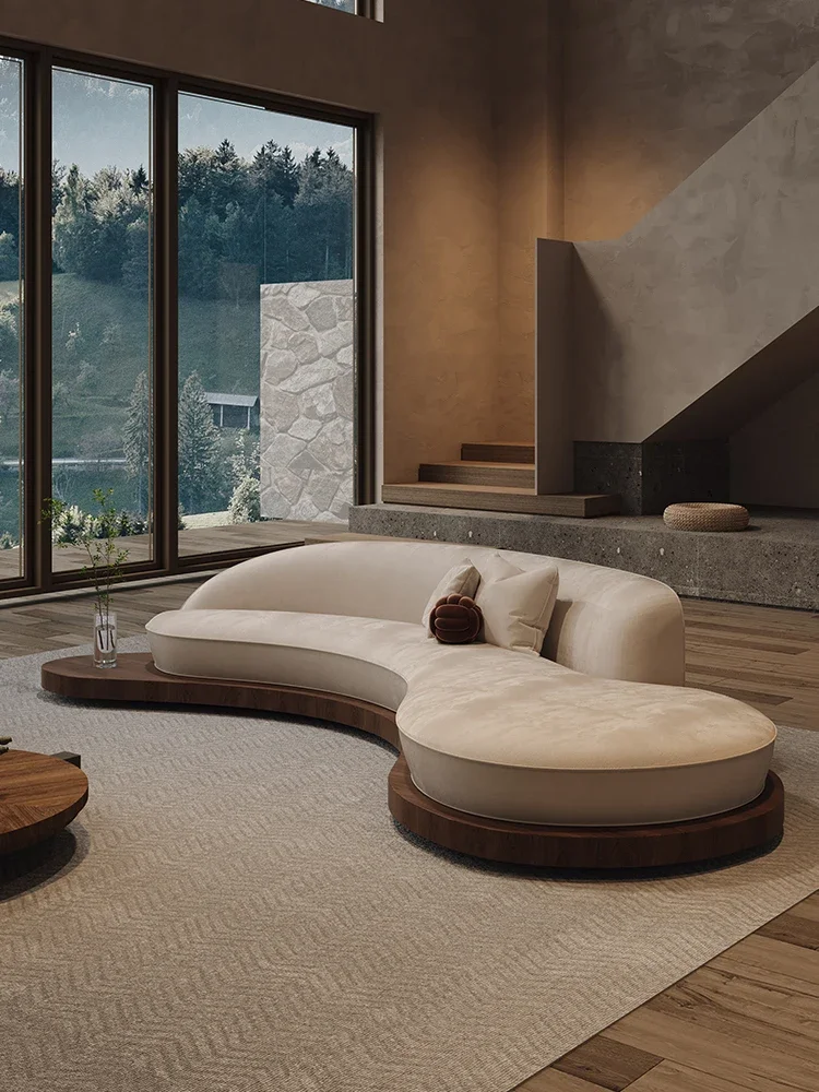 Curved special-shaped sofa solid wood floor mid-ancient wabi-sandy wind business small apartment bed and breakfast rest area