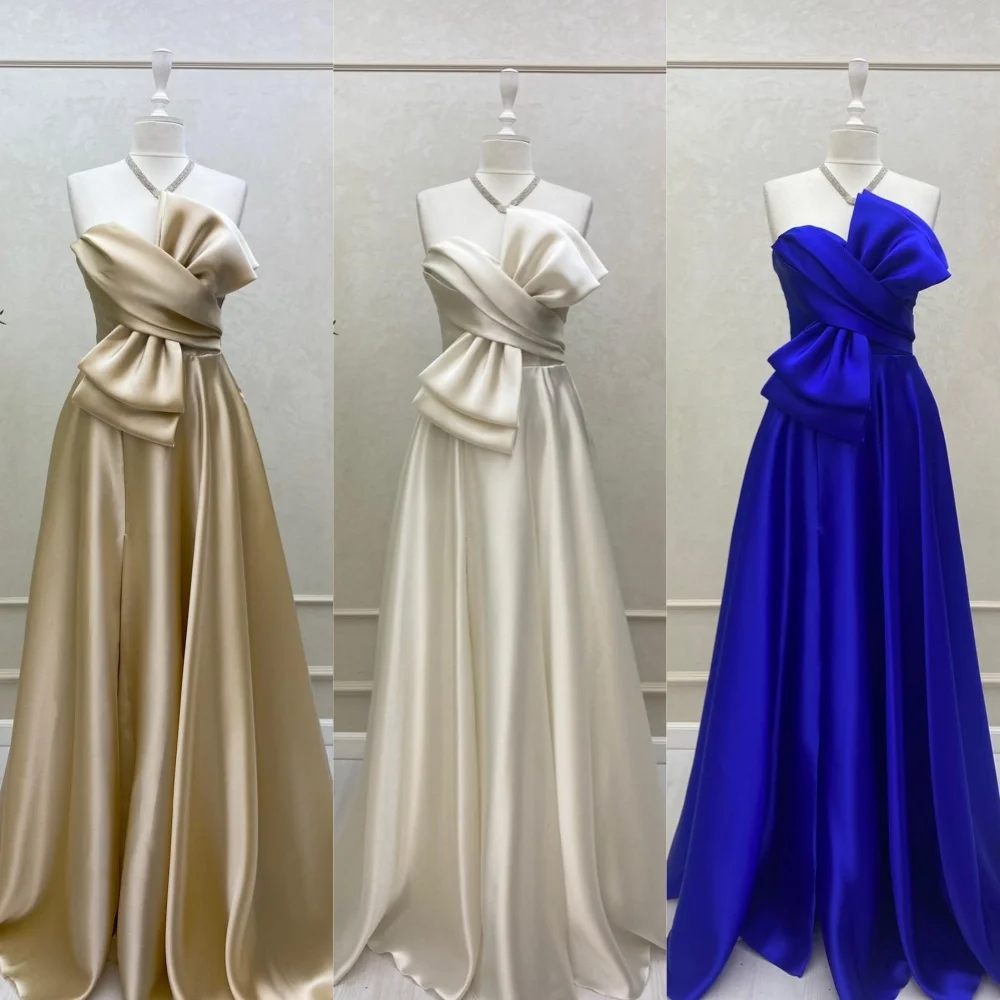 Customized Fashion Pleat Bow A-line V-neck Long Dresses Evening Dresses Classic Exquisite Modern Style Pastrol Unisex Chinese St