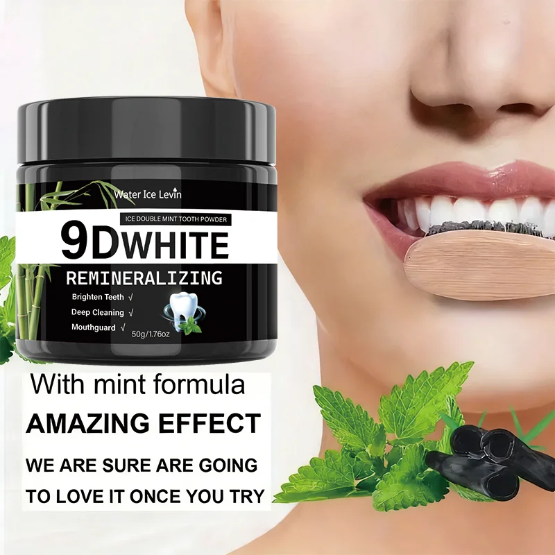 Polvo Dental 9D White Ice Double Mint Sal de la tierra de bambú con carbón vegetal y menta de madreselva. Blanquea los Dientes, Limpieza Profunda, Protege la Boca 50g