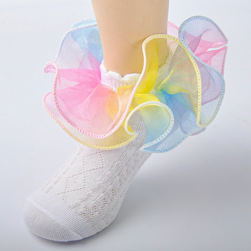 Baby Girls Ruffle Socks Soft Frilly Socks Color Gradient Print Turn Cuff Socks Toddler Crew Socks