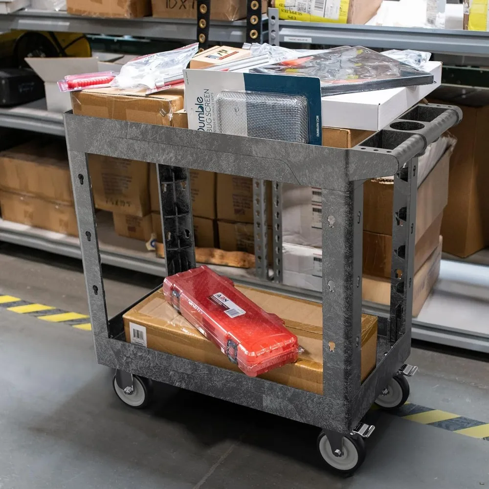 عربة أدوات بلاستيكية شديدة التحمل ذات رفين مع مقبض مريح و5 عجلات دوارة للمرآب وتخزين الأدوات