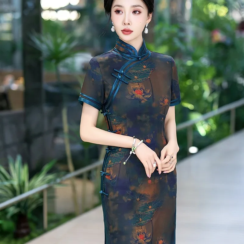 Cheongsam de seda longo melhorado moda menina estilo chinês