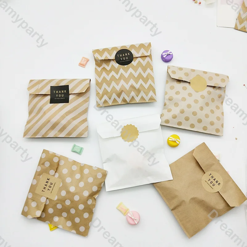 25pcs Ripple Diagonal Stripes Brown White Dots Kraft Paper Candy Biscuit Pastr Popcorn Bag Birthday Wrapping Paper Bag Supplies