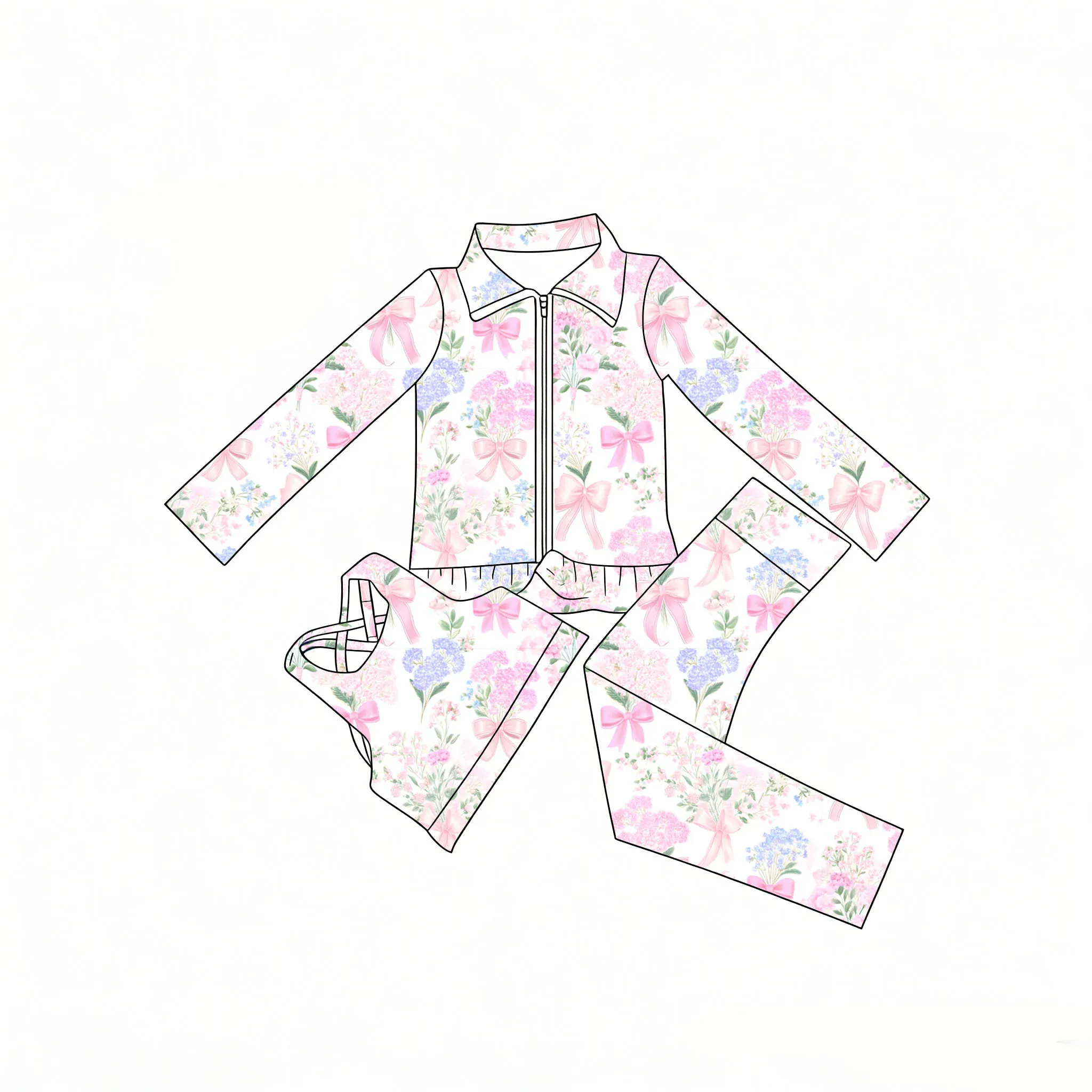 

Girls Fashionable Outfit Pink Floral and Bow Print Long-sleeved Top and Trousers Boutique 3-piece Set