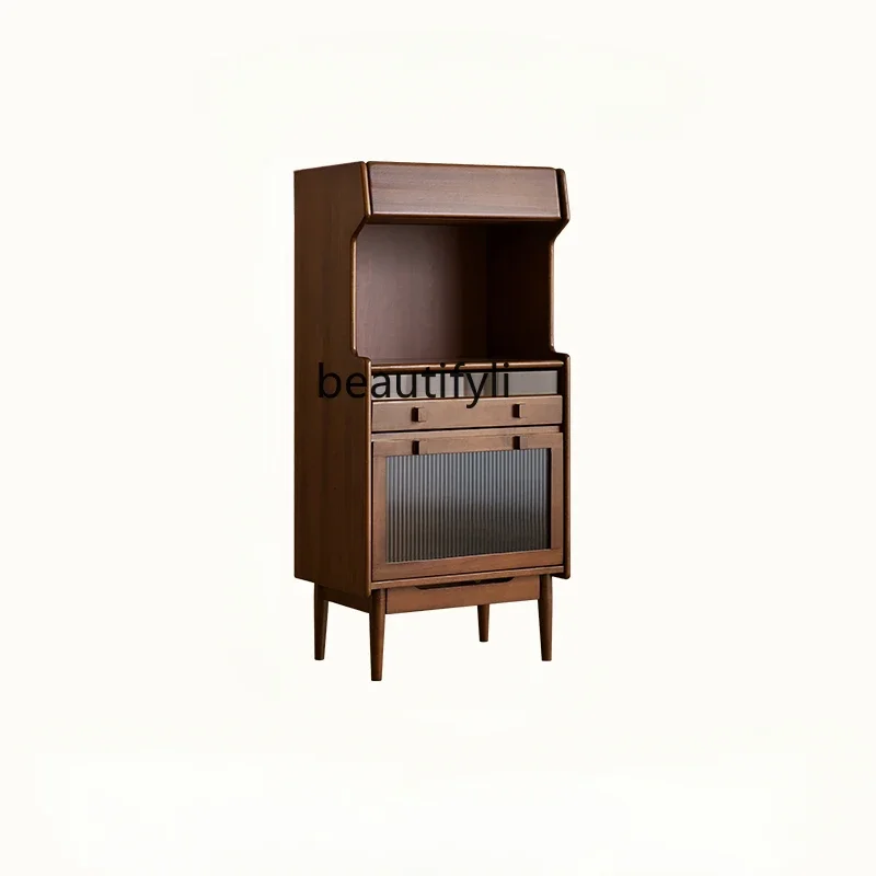 VSolid Wood Bookcase with Glass Door Sliding Door Magazine Cabinet Low Cabinet Vintage Storage Rack Locker