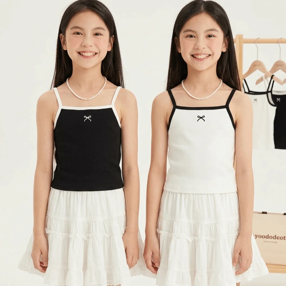 Ribbed Knit Girls Camisole Top Contrast Trim Bow Embroidery Cropped Vest Straight Hem Round Neckline Kids Tank Top Summer Wear