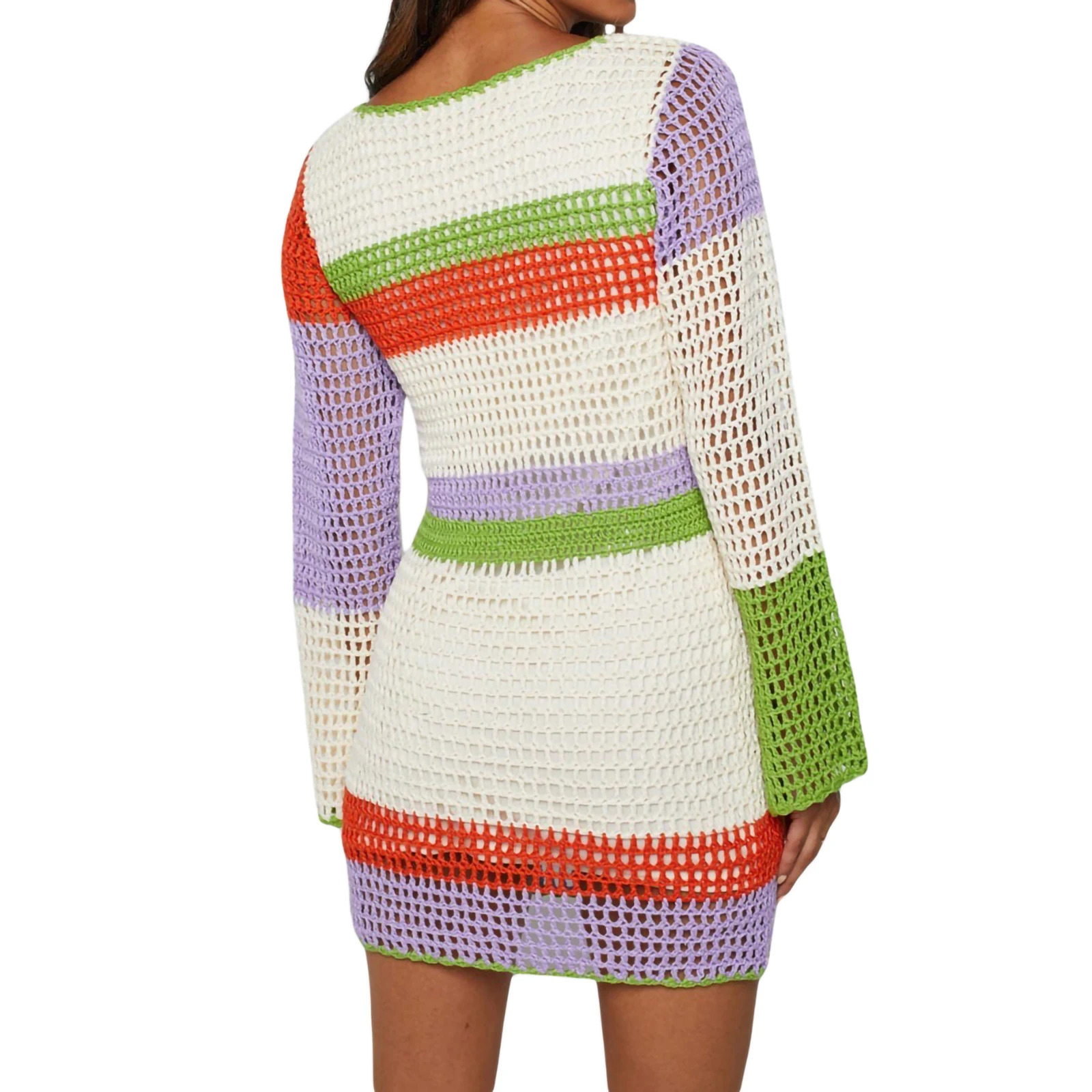 Nowa damska sukienka plażowa, długi rękaw, głęboki dekolt, kontrastowe kolory, ochrona przeciwsłoneczna, wycięcia, midi, typu smock, idealna na letnie stroje plażowe.