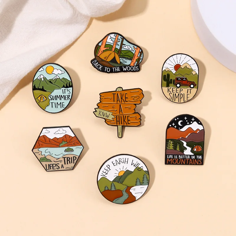 Cartoon tourism scenery mountains rivers lakes Brooch Enamel Pin Brooch Jacket Lapel Badge Jewelry Gift For Friends