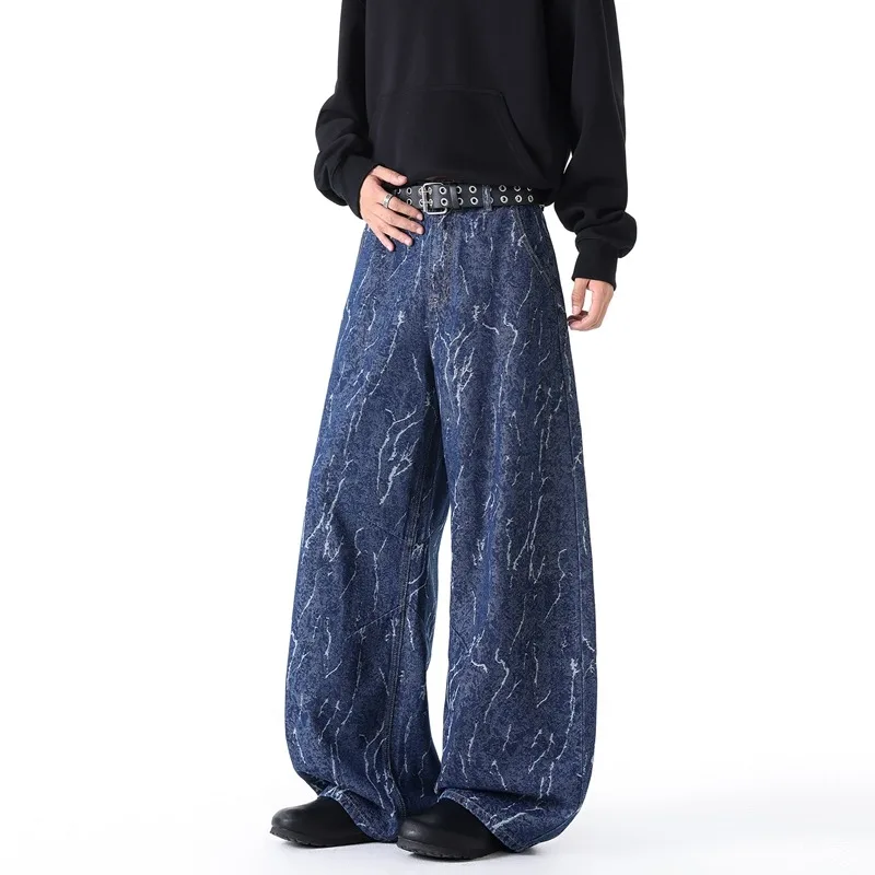 Vintage Texture Crack Jacquard Scimitar Jeans Men Women American Washed Baggy Wide Leg High Street Casual Denim Trousers