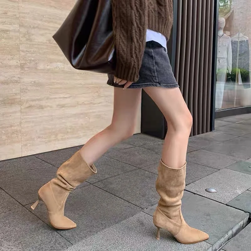 

New Women Pointed Toe Thin High Heels Ankle Boots Autumn Fashion Pleated Cowboy Women Faux Suede Woman Slip on Western Boots