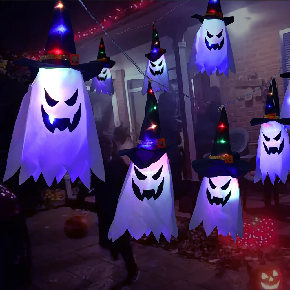 1-10PCS Horror Halloween Props Glowing Wizard Ghost Hat Lamp Halloween Decoration LED Flashing Light Hanging Ghost Home Bar Deco