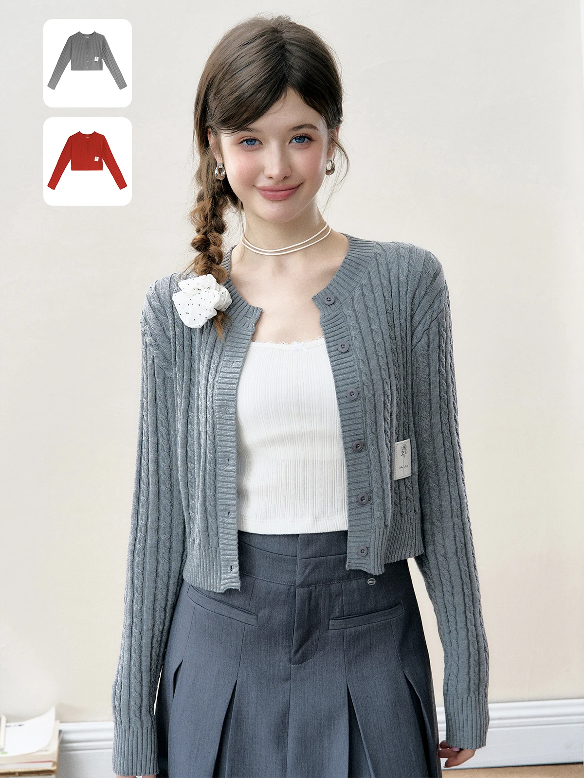 

Gray Knitted Cardigan Sweater Women's Vintage round Neck Twisted Flower Outerwear Slim Fit Long Sleeve Pure Color Autumn Fashion