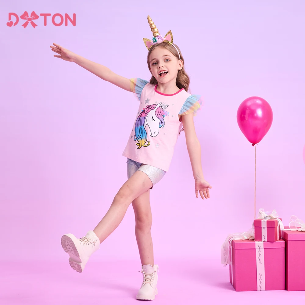 

DXTON 2PCS Children Clothing Sets For Girl New Summer Flying Sleeve Tops with Casual Pants Unicorn Toddlers Girls T-shirts Suit