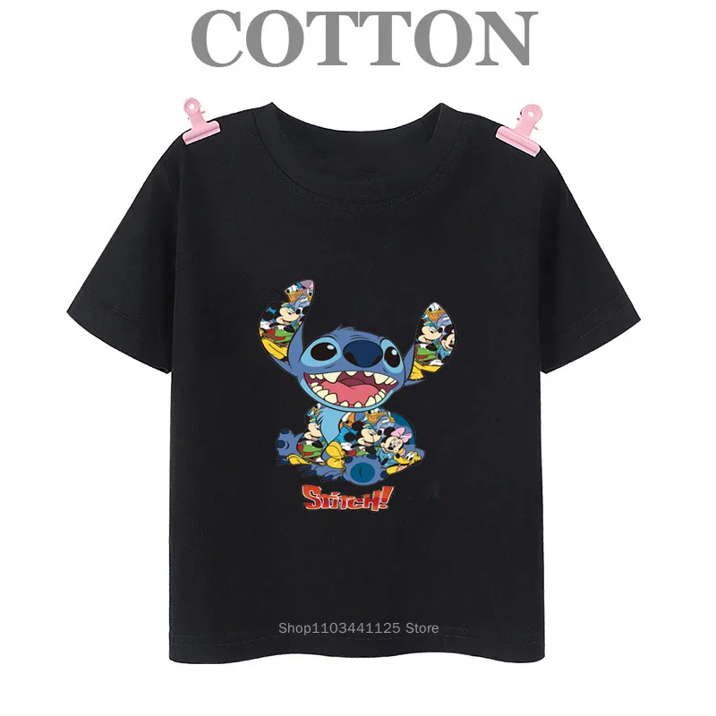 Lilo Stitch Anime Multiple Cotton T Shirt Children's Kids Boys T-shirts Summer 2024 Fashion Round Neck Casual Short Sleeve Top