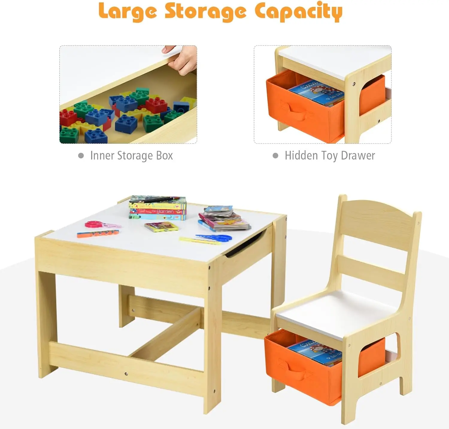 Kids Table and Chair Set, 3 in 1 Wooden Activity Table with Storage Drawer, Detachable Tabletop for Children Drawing Rea