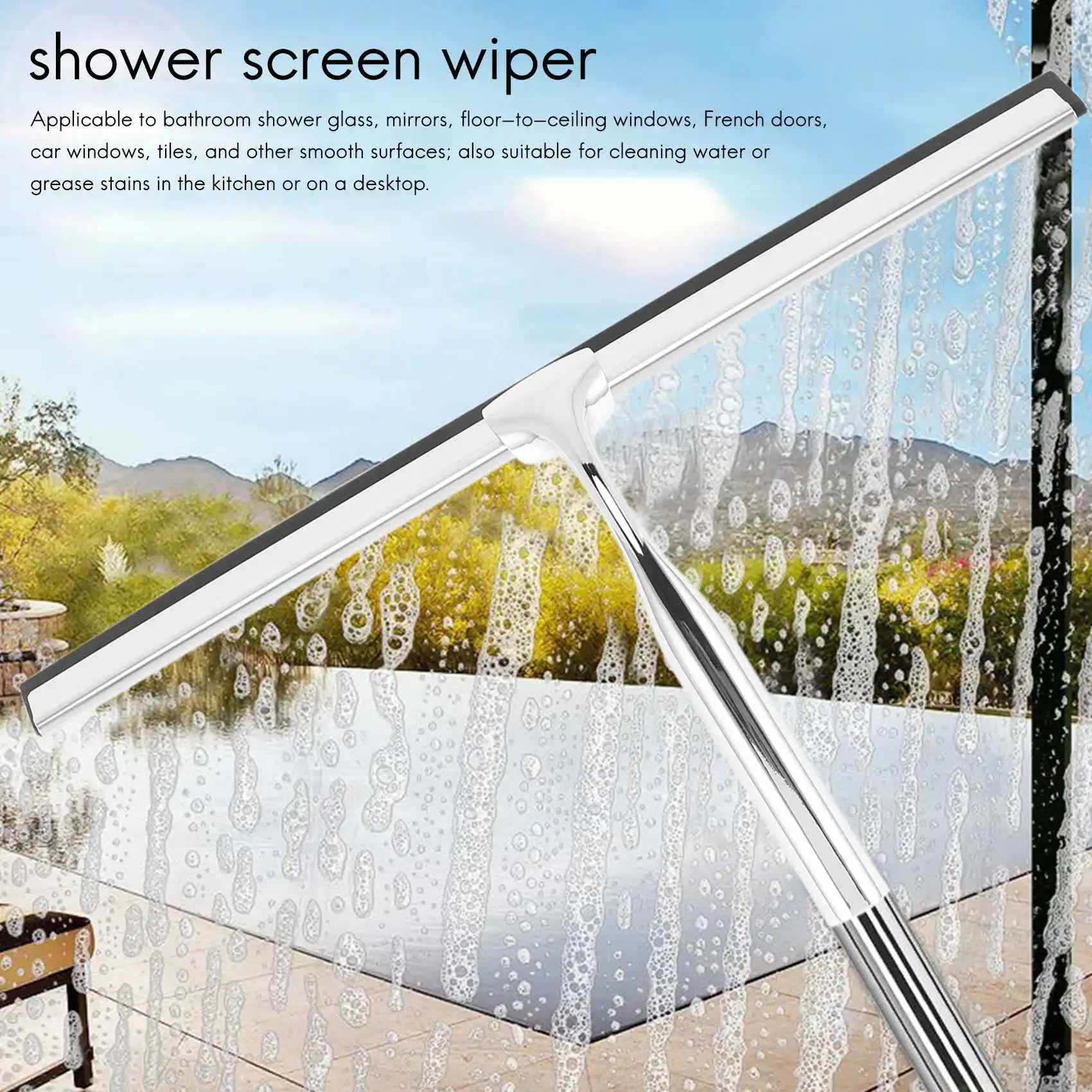 Squeegee Stainless Steel Shower Wiper 31cm Shower Squeegee Without Drilling Window Puller with Wall Hanger 2 Silicone