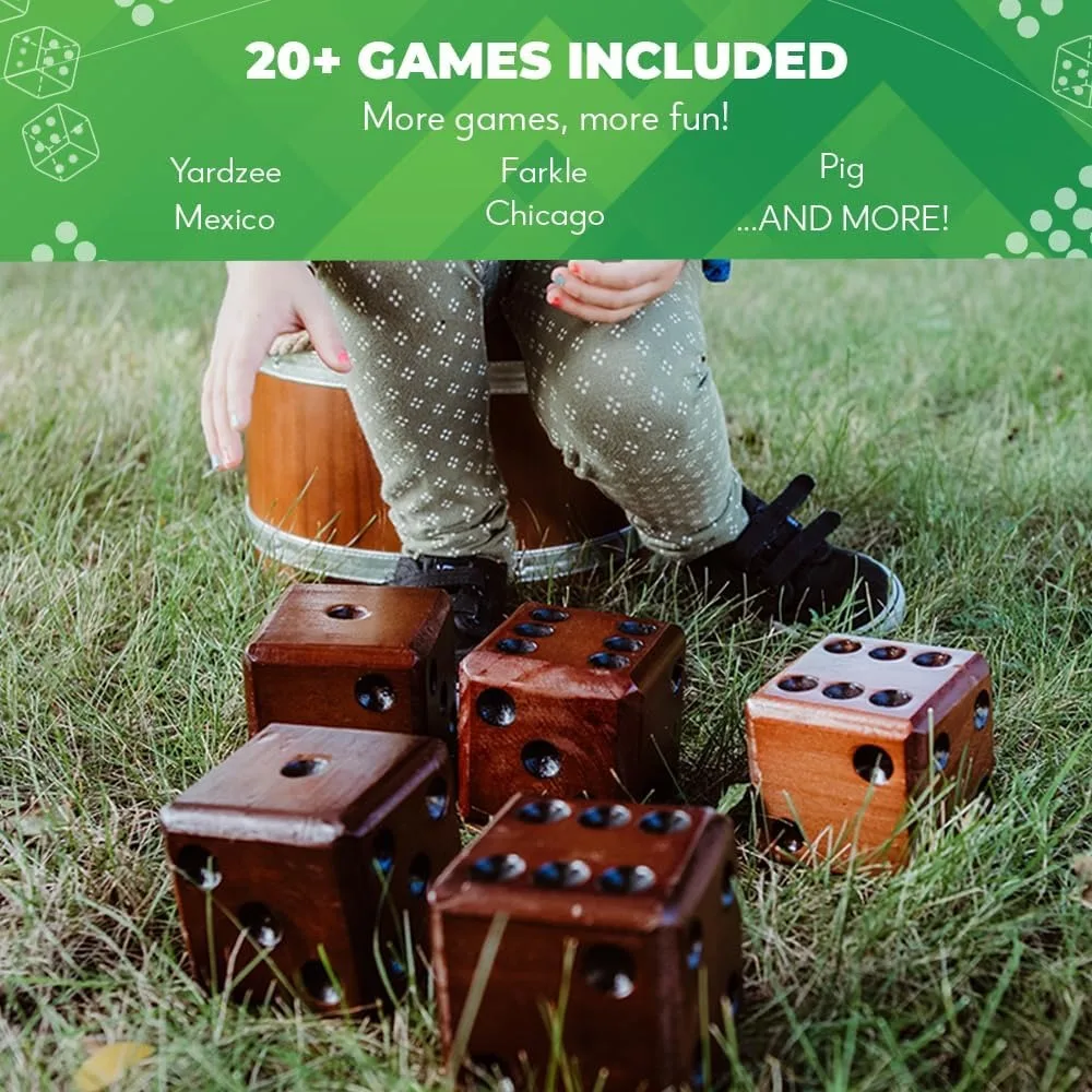 Games - Yardzee, Farkle & 20+ Giant Dice Games (All Weather) Yard Dice with Wooden Bucket, 5 Scorecards & Marker