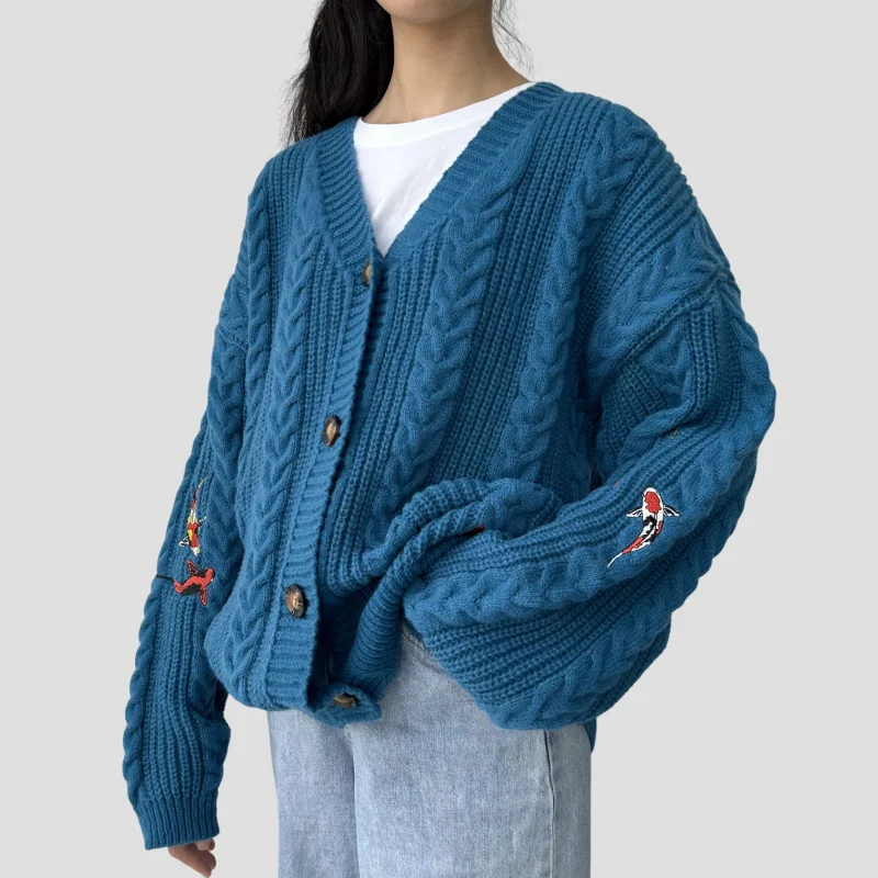 Koi Fish Cardigan Women Vintage Style Koi Carp Embroidery Sweater Female Autumn Winter Turquoise Knitted Cardigans Tops Y2k Girl