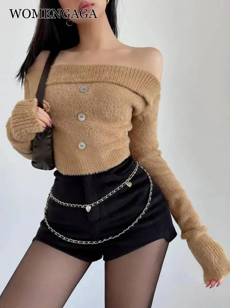 

Женский свитер из мохера на одно плечо WOMENGAGA, короткий свитер в стиле lazy, модный милый корейский женский топ, пуловер с пуговицами VGE6
