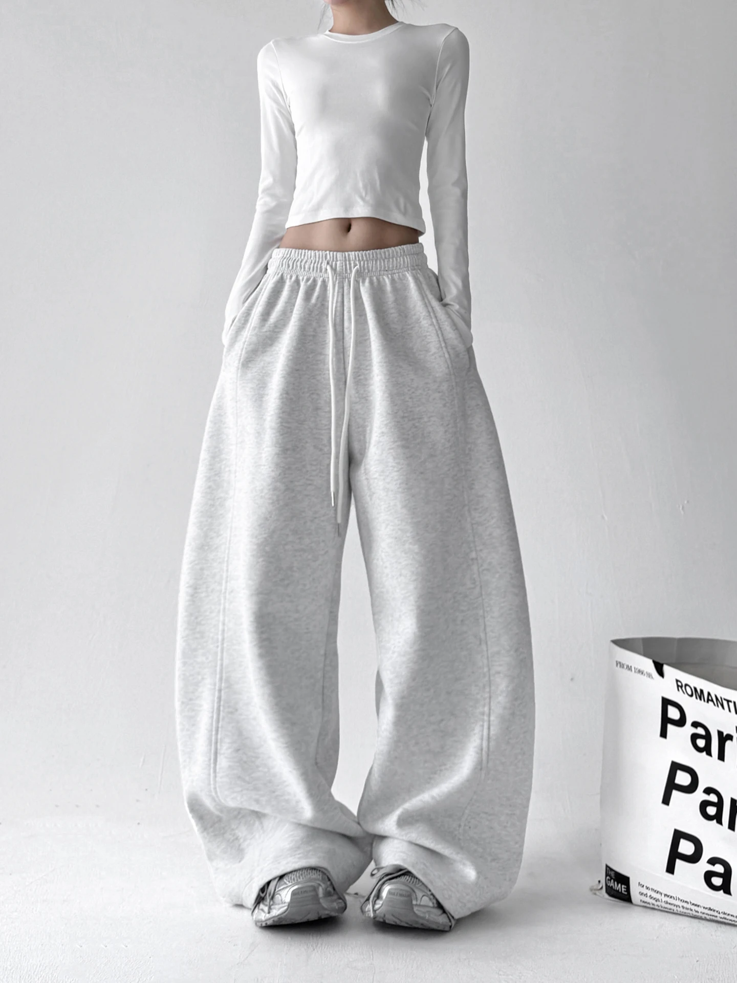 White ey Wide Leg Pants Women's Loose Comfortable Spor Casual Trousers High Waist Polyester Cotton Blend Winter Faion