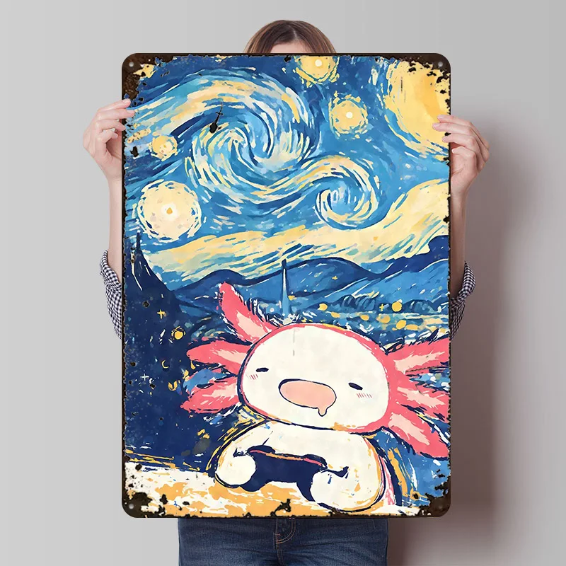 Axolotl Gaming Notte stellata Poster in metallo Targhe in metallo Arte della parete Decorazione della camera da letto a casa Targa in metallo personalizzata per la decorazione domestica
