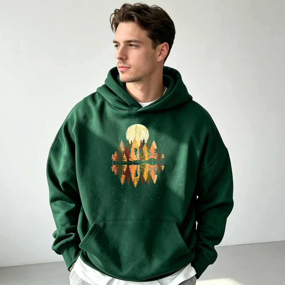 Autumn Full Moon Pine Trees Fall Season Forest Nature Retro Pullover Hoodie Fleece Hoodie Long Sleeve Hooded Men Women Unisex