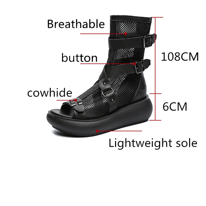 Hollow Mesh Breathable Boots Vintage Cowhide Flat Gladiator Women Sandals Summer Ankle Boots Strap Punk Leather Platform Shoes