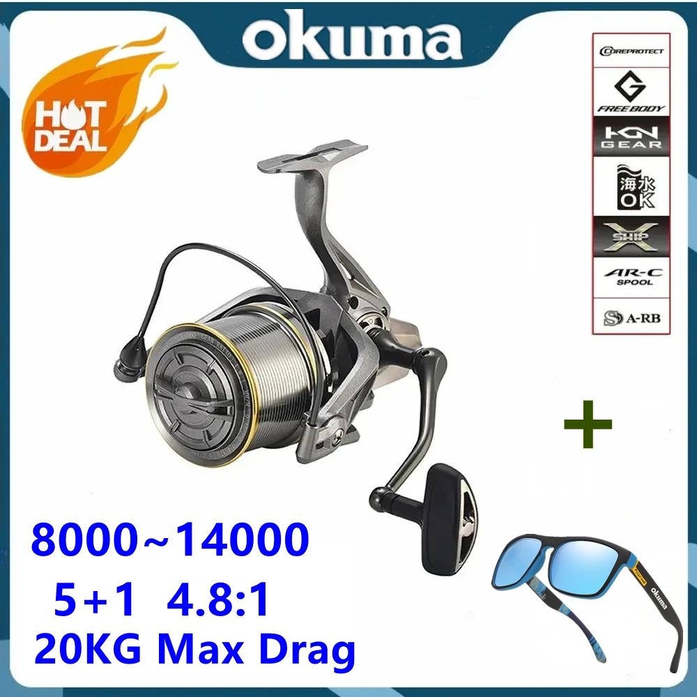 OKUMA 8000 ~ 14000 серия, длинная катушка 17 + 1BB, катушка из алюминиевого сплава, 4,8:1, высокоскоростная рыболовная косая спиннинговая катушка