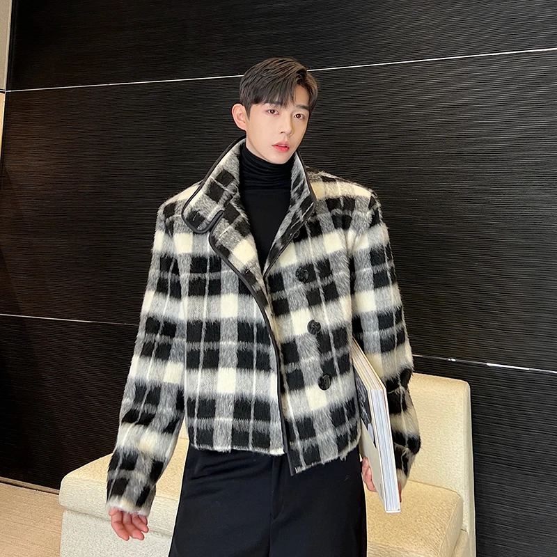 

Bla White Plaid Design Men's Woolen Jaet Stand Collar ort Autumn Winter Coat Outerwear Youth Faion Casual Outerwear