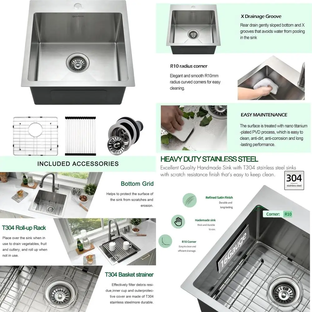 

Stainless Steel 18x18x10 Single Bowl Topmount Wet Bar Sink, 16 Gauge, 304 Grade for Kitchen Use