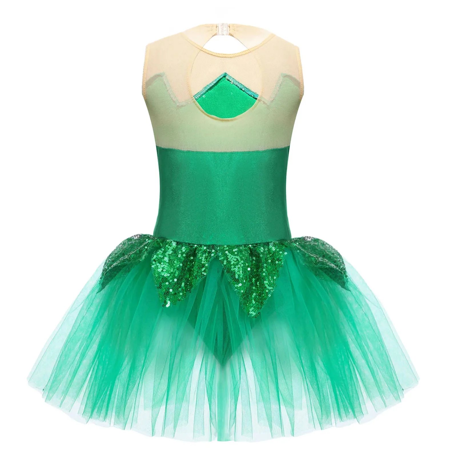 Kids Girls Ballet Dance Dress Green Sequins Halloween Elf Mesh Tutu Gymastics Leotard Figure Skating Dance Performance Costume