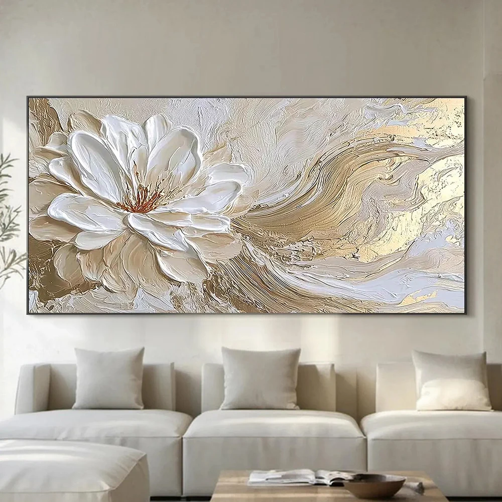 

2D Картина с белыми цветами и золотыми листьями, текстурированное настенное искусство, абстрактный цветочный принт на холсте, современный нейтральный декор для спальни и гостиной