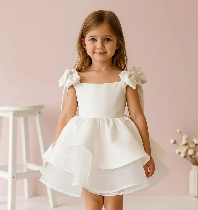 White Layered Bow Dress for Girls – Elegant Flower Girl Dress – Toddler Birthday Outfit – Princess Party Dress